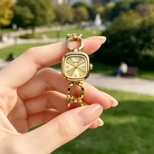 Elegant Gedi gold square face quartz watch with hollow chain link strap for women