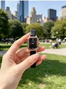 Vintage GEDI women's rose gold rectangular quartz watch with elegant black leather strap