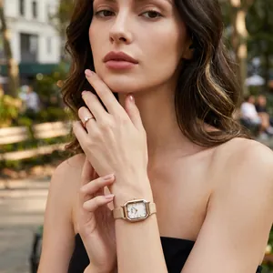 Elegant rose gold octagonal watch with beige leather strap for women's daily wear