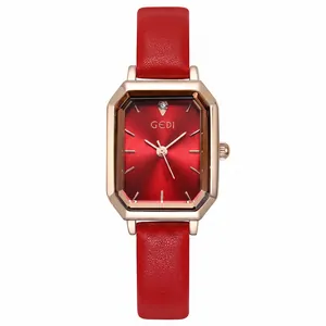 Vintage wine red octagonal quartz watch for women with rose gold case and leather strap