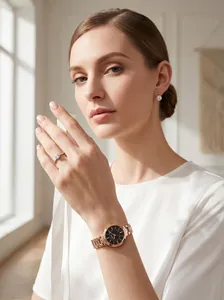 Elegant GEDI rose gold quartz watch for women shown with diamond ring jewelry detail