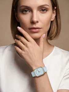 Close-up of elegant Guodi square quartz watch with light blue leather strap on wrist