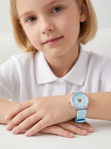 Detailed view of child's wrist wearing a light blue quartz watch with cartoon bear dial