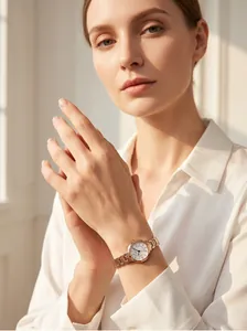Elegant rose gold ladies quartz watch with slim steel strap on wrist model detail view