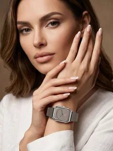 Close-up of elegant women's square quartz watch with grey leather strap on wrist