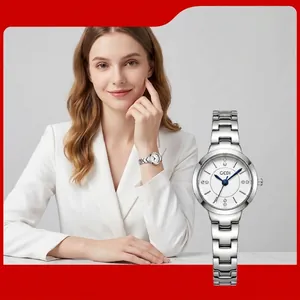 GEDI Women's Business Quartz Watch Shiny Narrow Steel Strap Rhinestone Dial Blue Hands Elegant Ladies Wristwatch