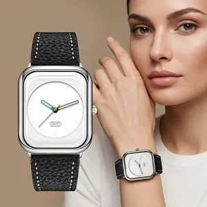Elegant women's square quartz watch with black leather strap and minimalist white dial