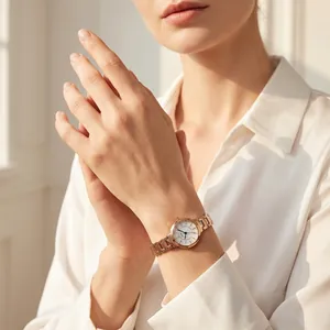 GEDI elegant rose gold ladies quartz watch with a slim stainless steel strap on wrist