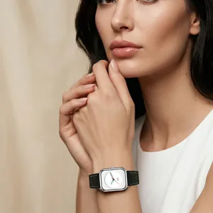 Elegant women's square quartz watch with a premium black leather strap and minimalist dial.