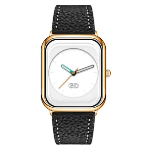 Minimalist elegant ladies' quartz watch with gold square case and black leather strap