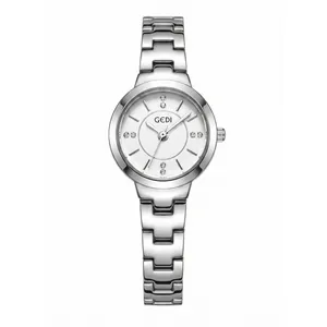 Elegant GEDI women's quartz watch with silver steel band and luxe rhinestone markers