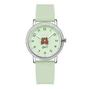 Gedi kids quartz watch with cartoon bear dial and mint green silicone strap