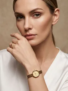 Elegant detail of a women's octagonal gold quartz watch with a fine steel strap