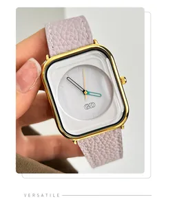 Close-up view of elegant women's square quartz watch featuring a purple leather strap