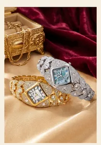 Close-up macro view of luxury diamond-encrusted gold and silver women's quartz watches