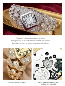 Close-up of luxury women's diamond-set bracelet watch with mother-of-pearl dial detail