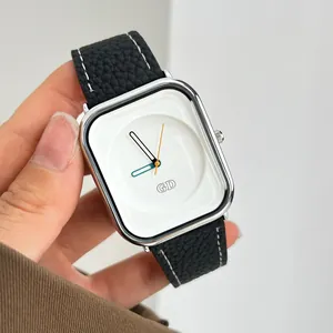 Modern minimalist square women's quartz watch with black leather strap and white dial