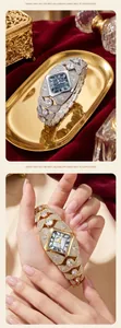 Detailed close-up view of silver and gold diamond-encrusted women's luxury quartz watches.