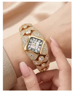 Luxury gold rhinestone bracelet watch for women with square face and Roman numeral dials