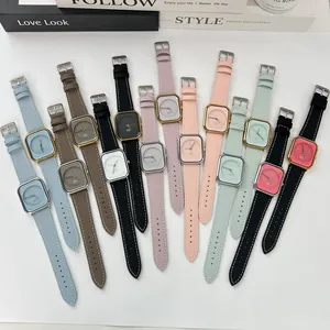 Elegant square dial quartz watches for women with textured leather straps in multiple colors.