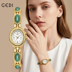 GEDI Vintage Bracelet Watch For Women Oval Rhinestone Dial Jade Texture Light Luxury Niche Exquisite Quartz Wristwatch Jewelry Gift