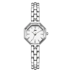 Minimalist octagonal women's quartz watch with elegant silver steel link bracelet