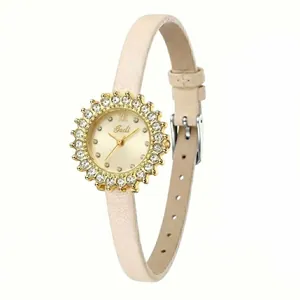 Elegant women's sunflower diamond gold quartz watch with a cream leather strap and retro style