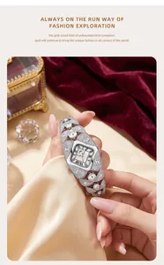 Close-up view of a luxury diamond-encrusted silver bracelet watch on a woman's wrist.
