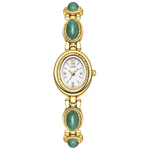 GEDI vintage women's watch with green jade stones and gold-tone oval bracelet dial