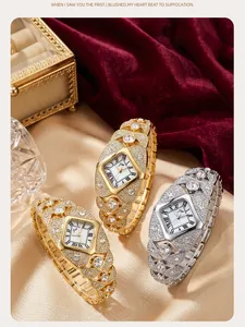 Detailed view of luxury rhinestone bangle quartz watches in gold and silver colors