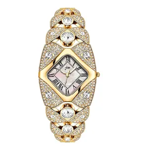 Luxury gold-toned rhinestone-encrusted bangle watch with quartz movement for women