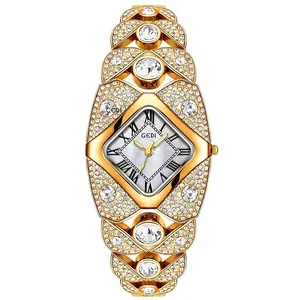 Montre bracelet GEDI dorée élégante avec strass complets et cadran en forme de losange