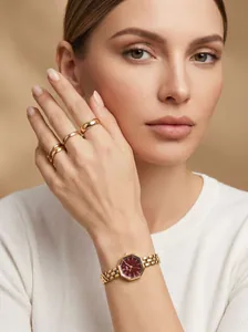 Elegant octagonal quartz watch with wine red dial and gold-tone steel band detail