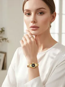 Close-up of elegant gold women's watch with black diamond dial on a model's wrist