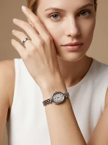 Detailed shot of a vintage silver oval quartz watch with a chain strap on woman's wrist