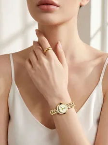 Elegant small round gold ladies quartz watch with heart link chain bracelet strap