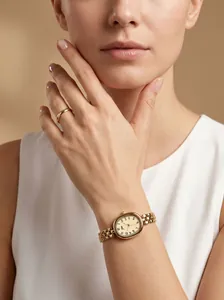 Detail shot of JW vintage oval gold quartz watch with elegant chain strap on wrist