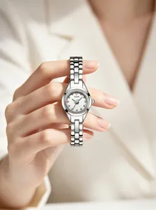 Close-up of a silver GEDI women's quartz watch with a sleek steel link bracelet