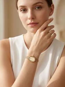 Detailed close-up showing the JW vintage oval gold watch with link strap on a woman wrist