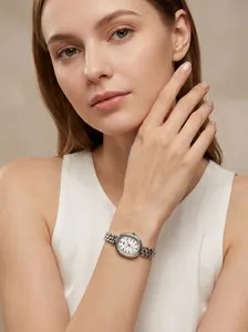 Elegant vintage oval silver quartz watch with a stylish chain strap on a woman's wrist.
