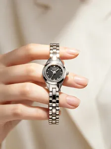 Detail view of GEDI silver stainless steel ladies watch with black dial and quartz movement