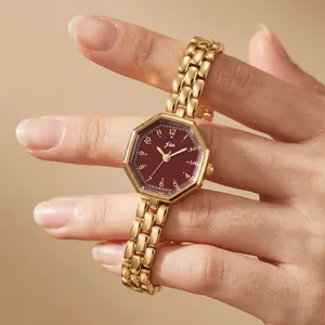 Elegant octagonal gold women's quartz watch with maroon dial and link bracelet