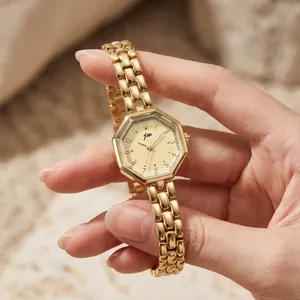 Elegant gold octagonal quartz watch for women with a stylish steel link bracelet
