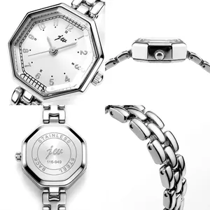 Elegant octagonal quartz watch for women with a silver stainless steel link band.