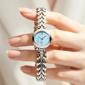 Gedi elegant women's silver quartz watch with blue mother-of-pearl dial and leaf-link strap