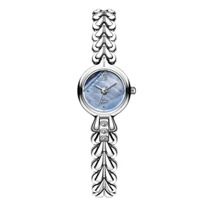 Elegant women's quartz watch with blue mother of pearl dial and silver heart chain strap