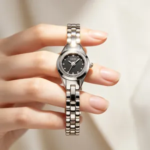 GEDI elegant women's quartz watch with silver steel band and black minimalist dial