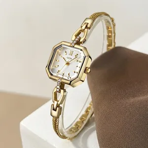 Elegant gold square quartz watch for women with vintage luxury design and alloy strap
