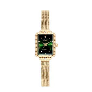 Elegant Gedi women's luxury square watch with emerald green dial and gold mesh strap