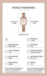 Detailed technical specifications for minimalist square quartz watch with mesh strap.